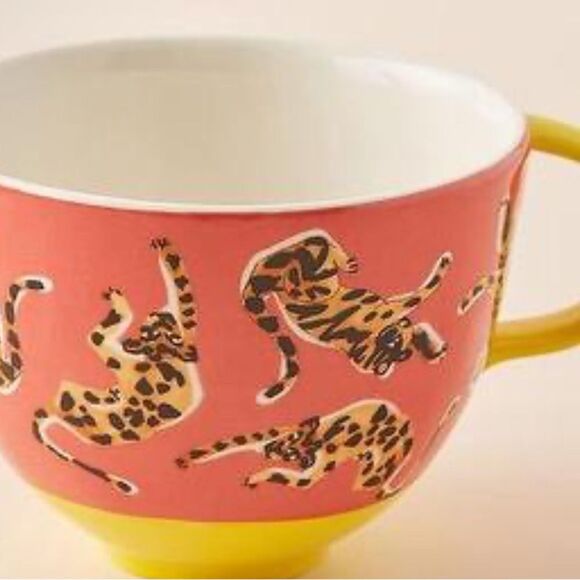 Extremely Rare! Anthropologie NWT Conversations Pink Cheetah Mugs (Set of 2) - Picture 2 of 4